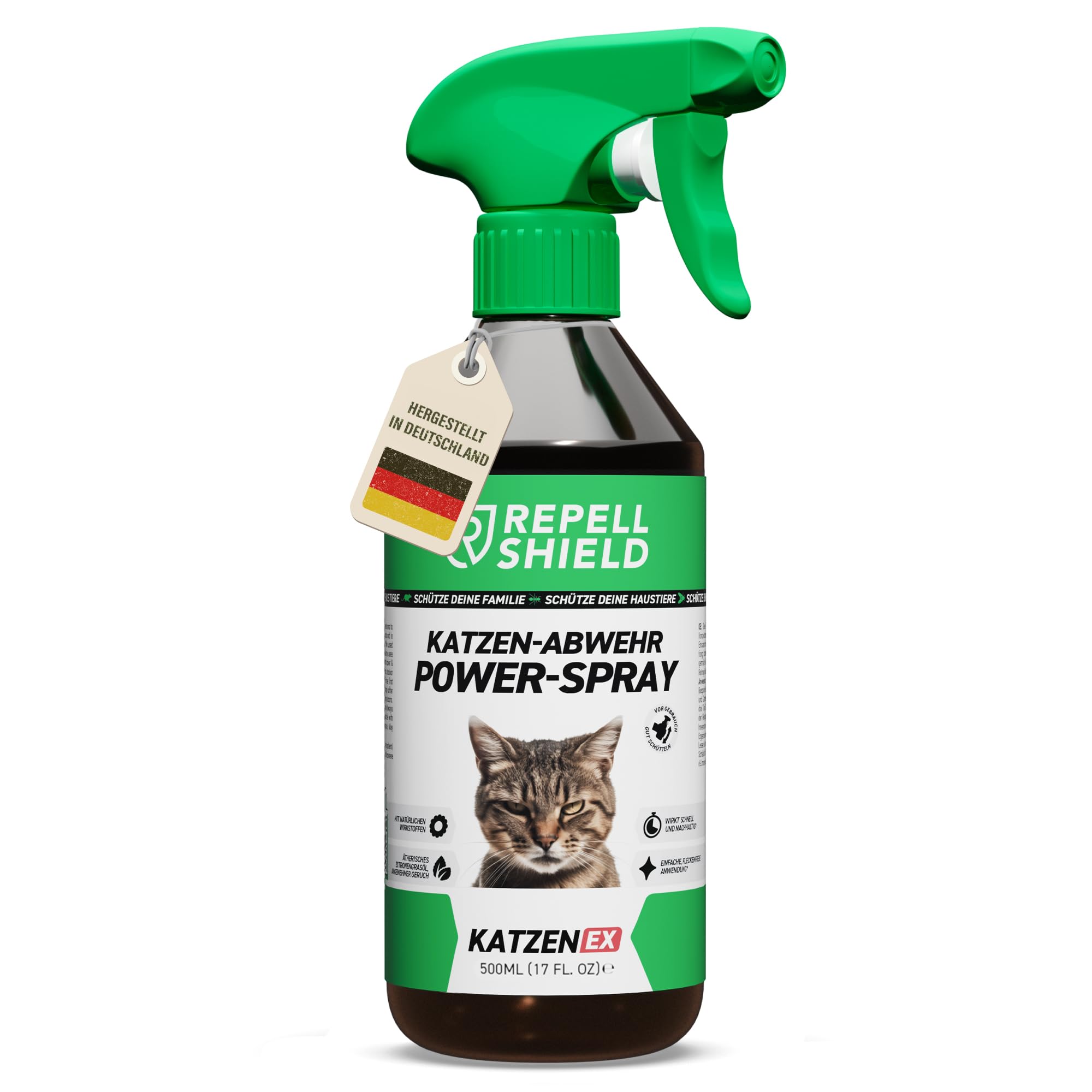 RepellShield® Natürliches Katzenabwehrspray -0.5L- Katzenschreck Spray zum Katzen vertreiben & Anti Kratz Spray Katzen mit Geraniol - Ohne Flecken & Rückstände