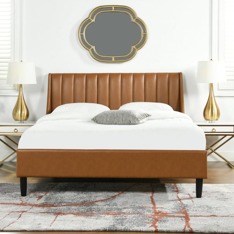 Image of HITHOS Solid Wood Modern Upholstered Queen Size Bed with Wingback Headboard | Wooden Double Bed Cot Palang Without Storage (Caramel Tan Brown) 1 Year Warranty
