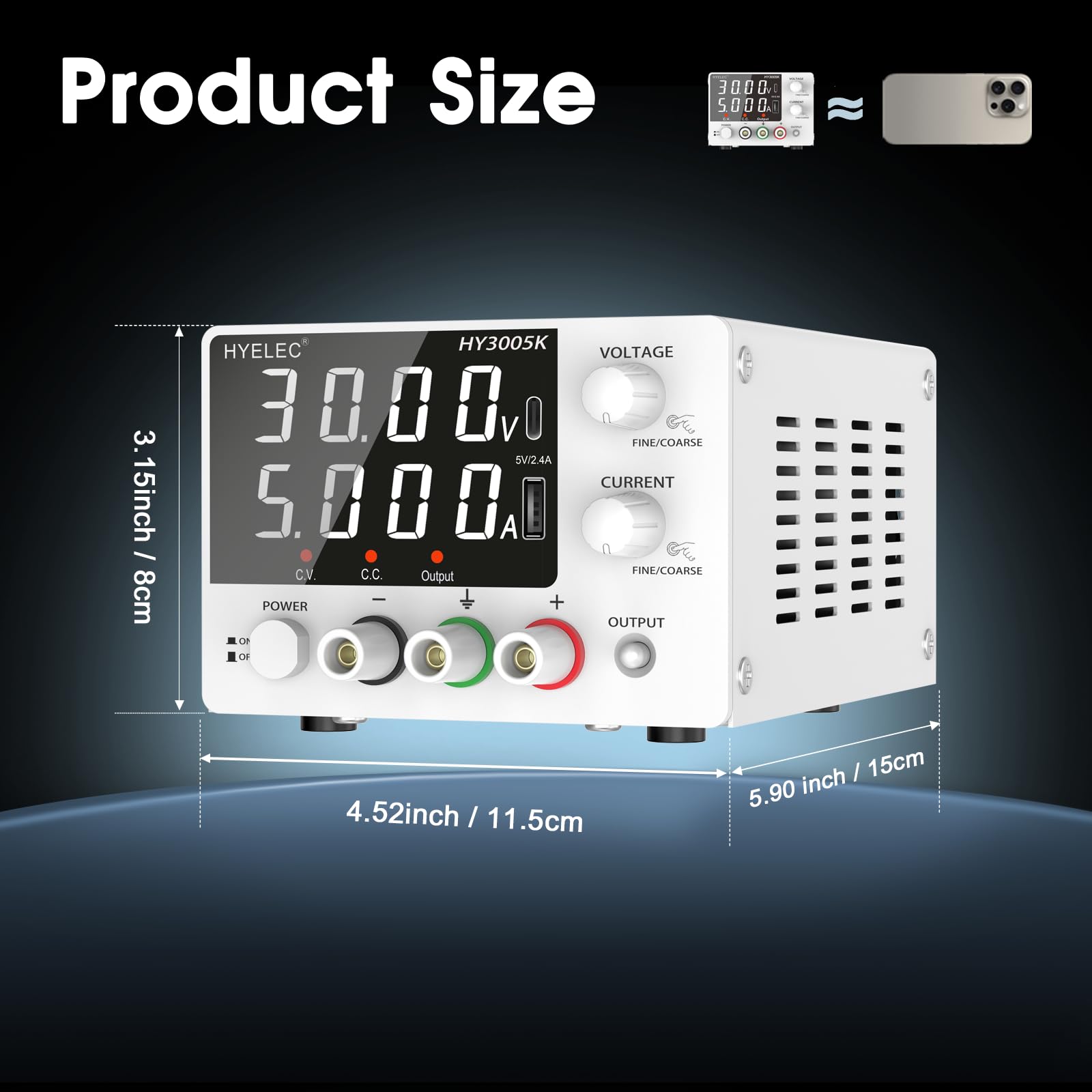 Fuente de alimentación de CC variable, 0-30 V 0-5 A, fuente de alimentación de banco con perilla de codificador, visualización LED de 4 dígitos, calibración digital, carga USB y tipo C
