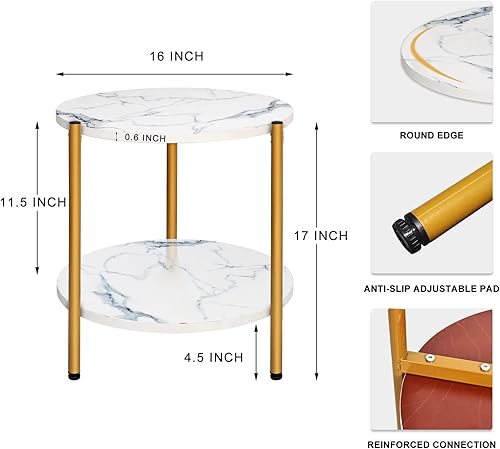 Miniatura 3 de Mesa auxiliar de mármol blanco de 2 niveles, pequeña mesa auxiliar dorada redonda y moderna, mesita de noche para dormitorio y sala de estar, 16
