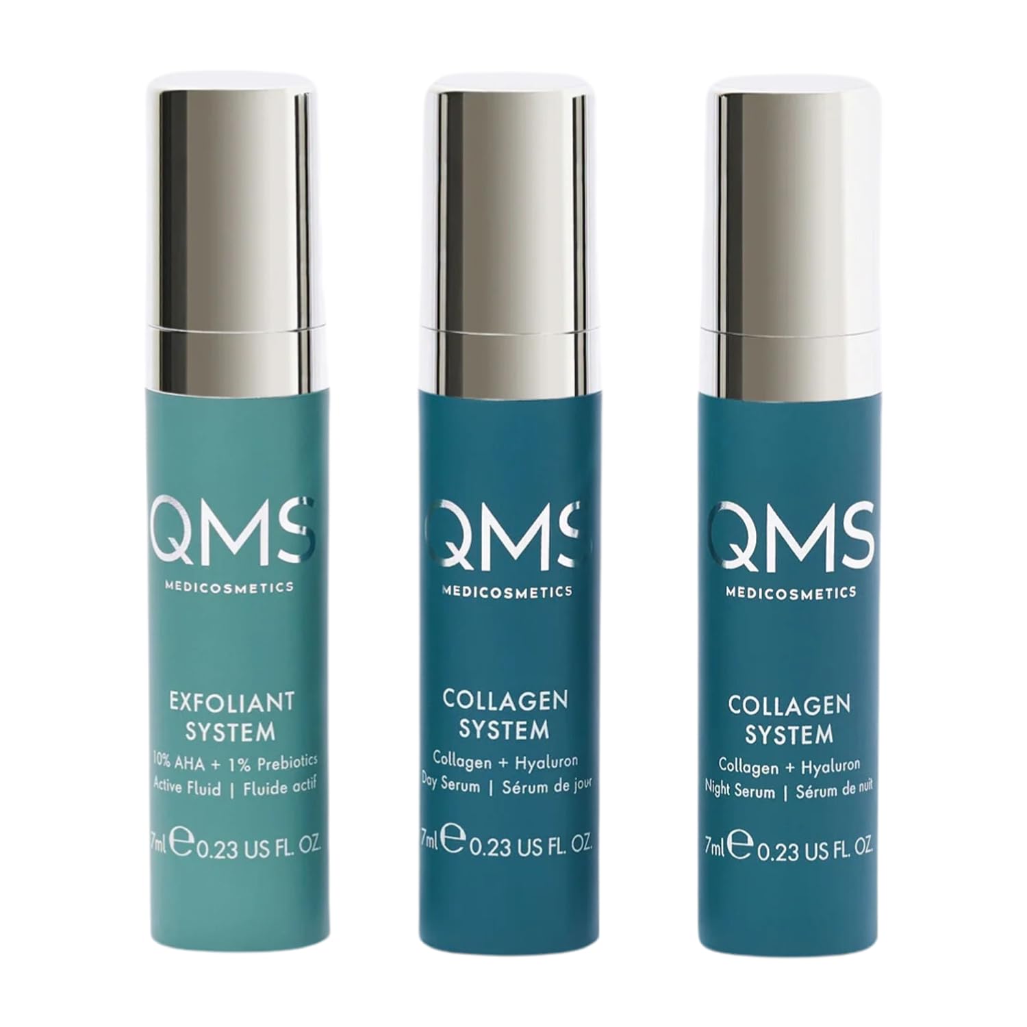 QMS Medicosmetics Day + Night Travel Size 3-Step Core Routine – Includes Collagen Day Serum, Collagen Night Serum + Exfoliant Resurfacing Liquid – Diminishes Lines + Wrinkles + reduces Signs of Aging
