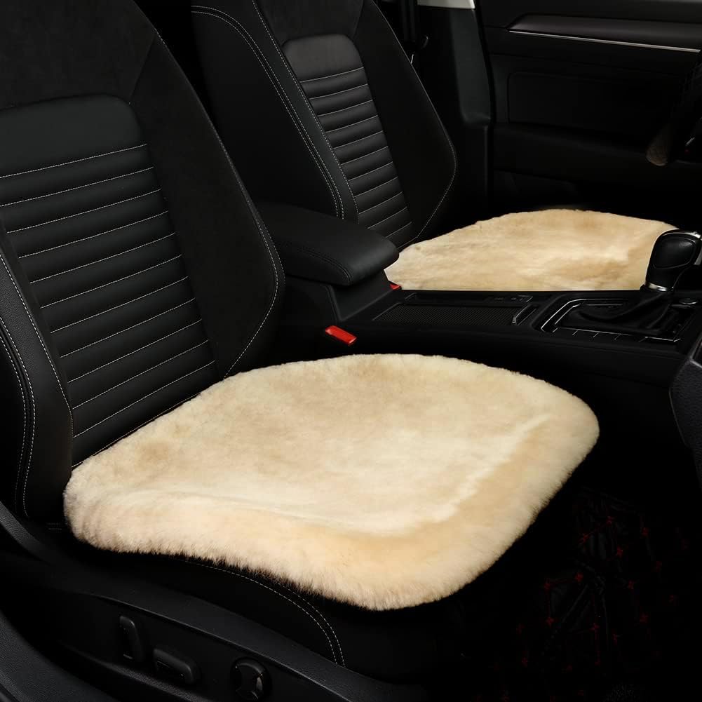 LLB Genuine Sheepskin Car Seat Cushion Seat Covers for Cars Trucks SUV Comfort Seat Protector Pad for Car Driver Seat Car Accessories for Women Office Chair Car Decor (Pearl Front Seat Cushions-2 Pcs)