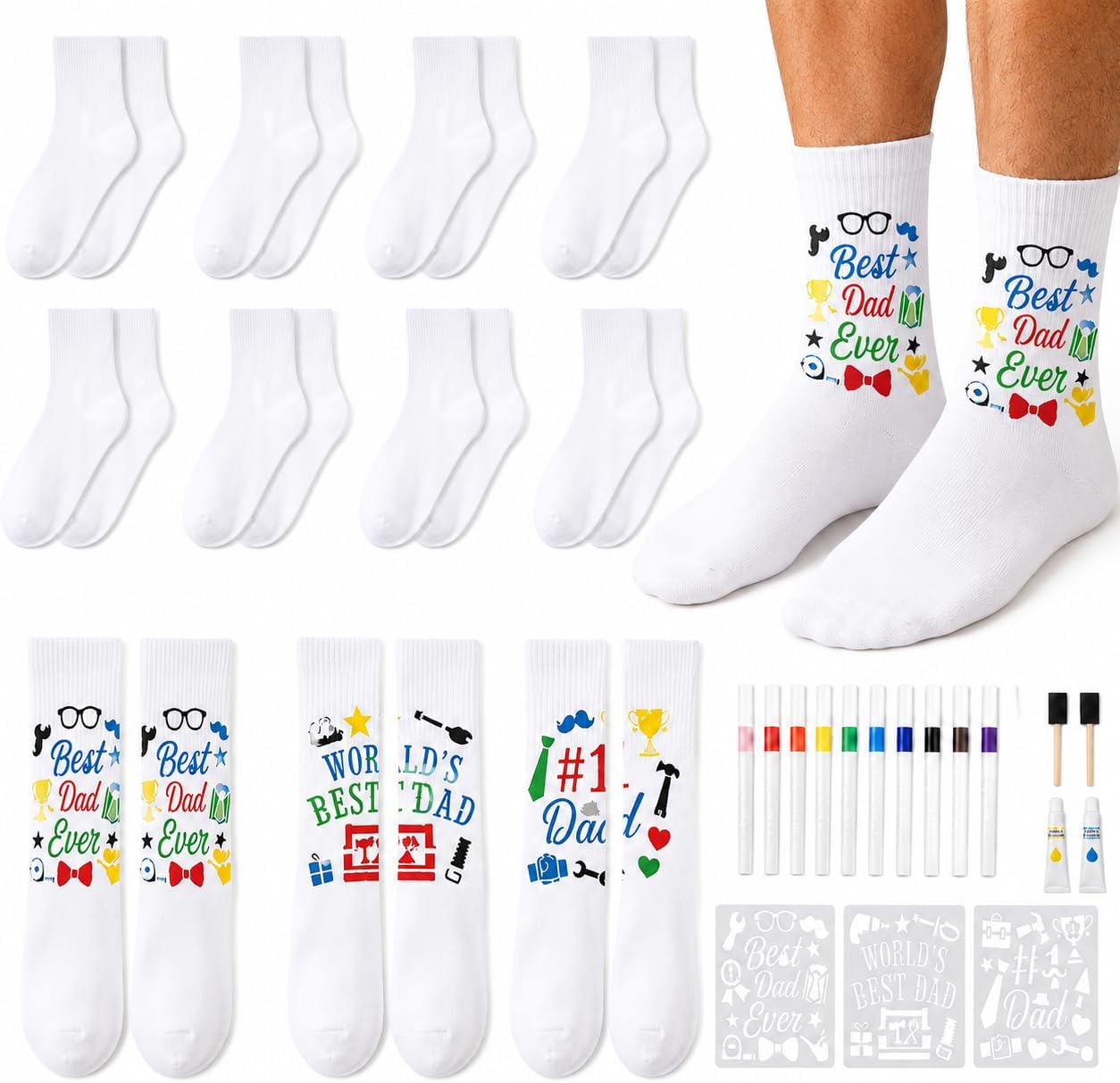 Cinrobiye 12 Pairs DIY Socks Craft Kit for Dad, Personalized Father’s Day Gift Set, Paint Your Own Cotton Socks Craft Activity for Grandpa & Husband, Creative Handmade Gift Idea with Templates