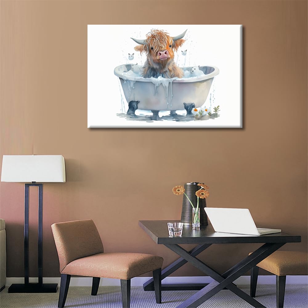TISHIRON 1 Panels Office Decor Highland Cow Bathroom Wall Art Longhorn Cow Bathtub Wall Decor Bathtub Animal Highland Cattle Wall Decor for Bedroom Posters & Prints Framed Ready to Hang (16" Wx24 H) - Image 3
