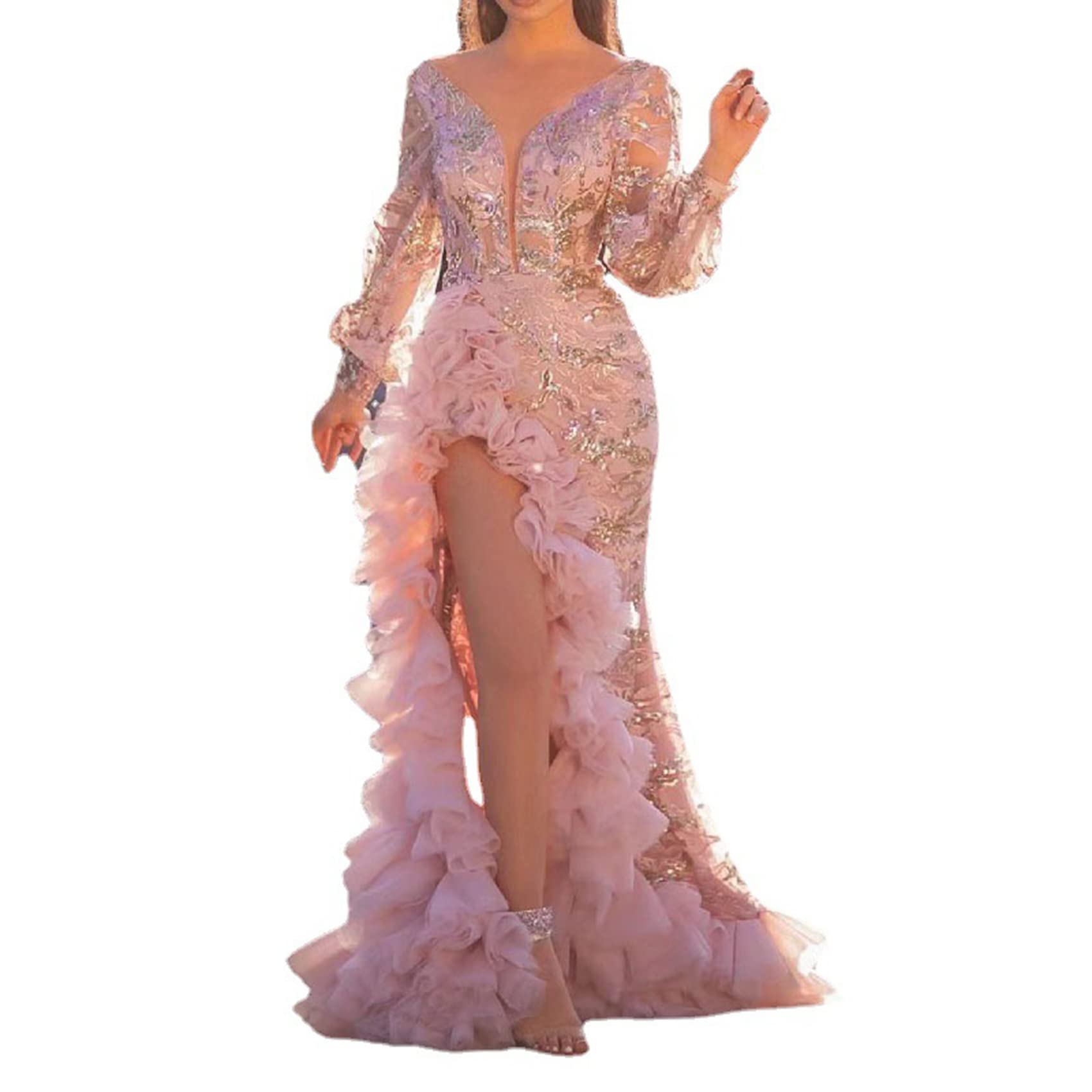 NLAVW Vestido de Noche para Mujer, Rosa, Sexy, con Escote en V Profundo, ceñido al Cuerpo, Malla con Abertura, Lentejuelas, Fiesta, graduación, Vestido Formal, Vestidos maduros