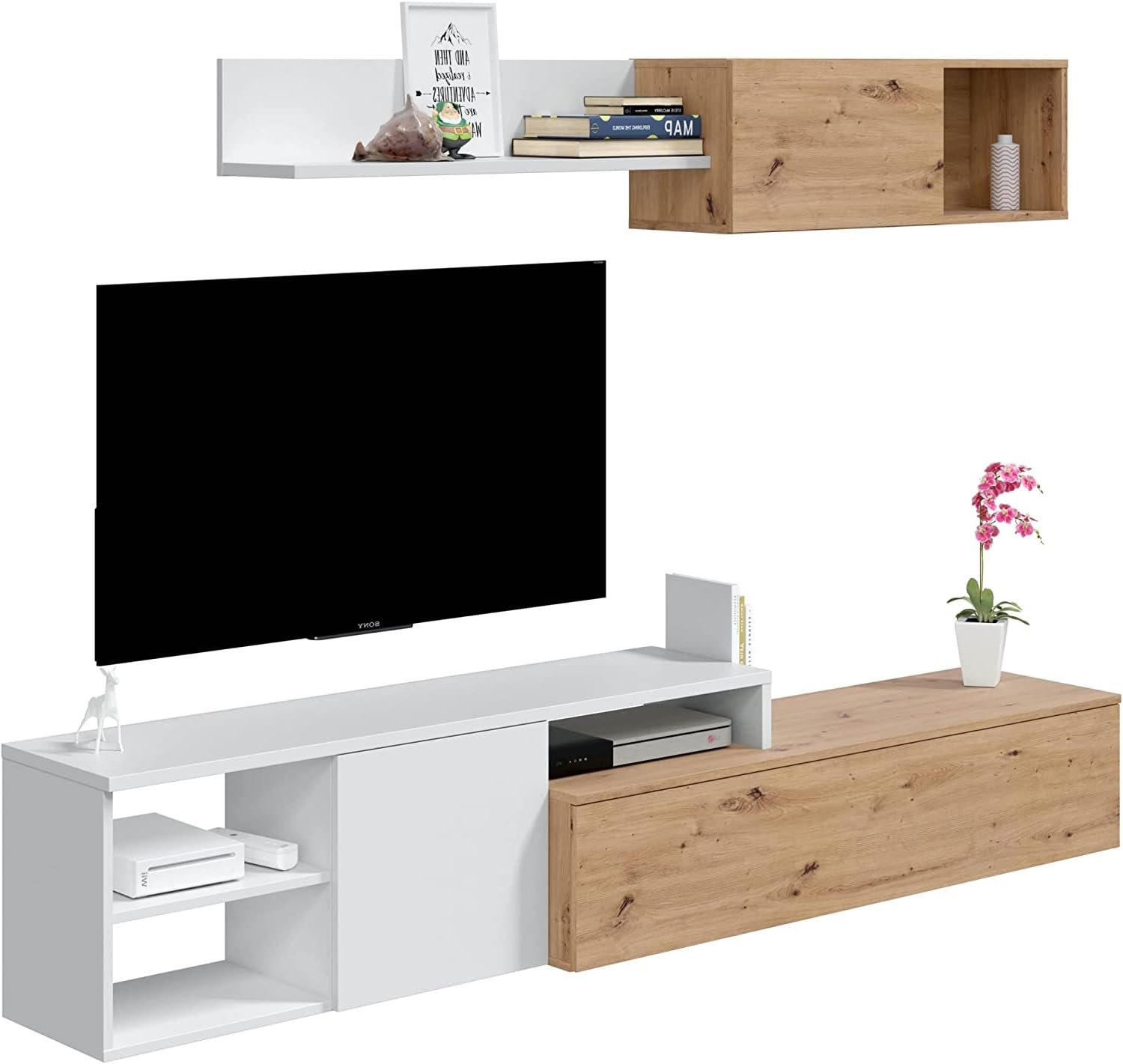 Mobelcenter, Mueble de Salón Julia Nodi, Módulo TV, Módulo Superior y Estante, Color Roble Nodi y Blanco Artik, Medidas: Ancho: 221 cm x Fondo: 40 cm x Alto: 44 cm - (1294)