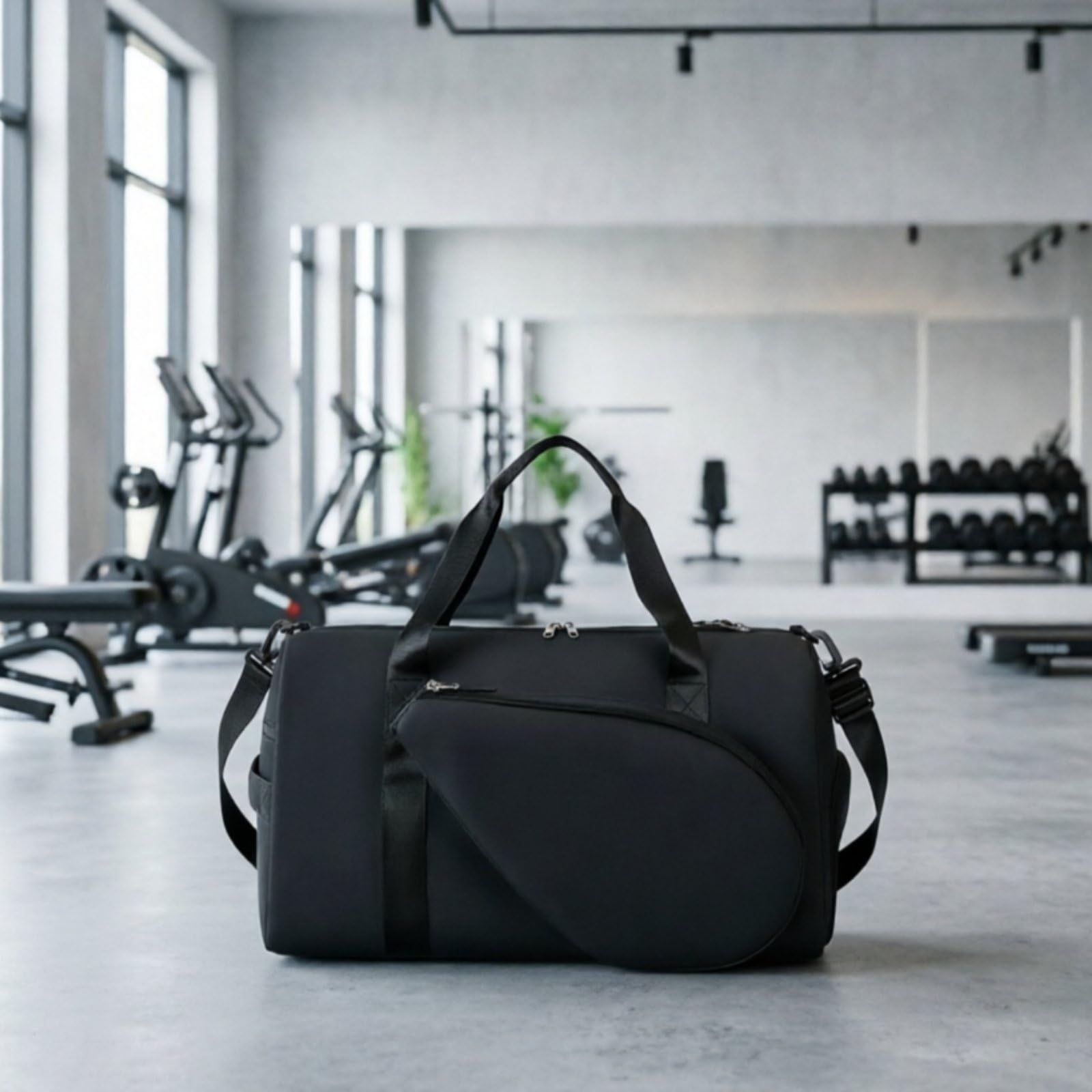 Funda para Equipo Deportivo Bolsa Deportiva Bolso de Gimnasio Bolso de Viaje Mochila de Ráqueta con Bolsillo para Calzado Ventilado y Asa de Mano, Array, Negro
