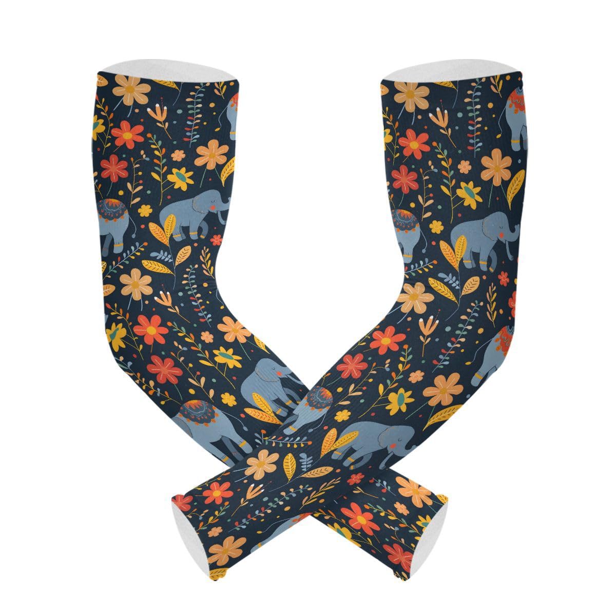 ALAZA Elephant Flower Floral Print Gardening Sleeves Cooling Arm Sleeves Sun Protection Thumb Hole Arm Covers for Women Men