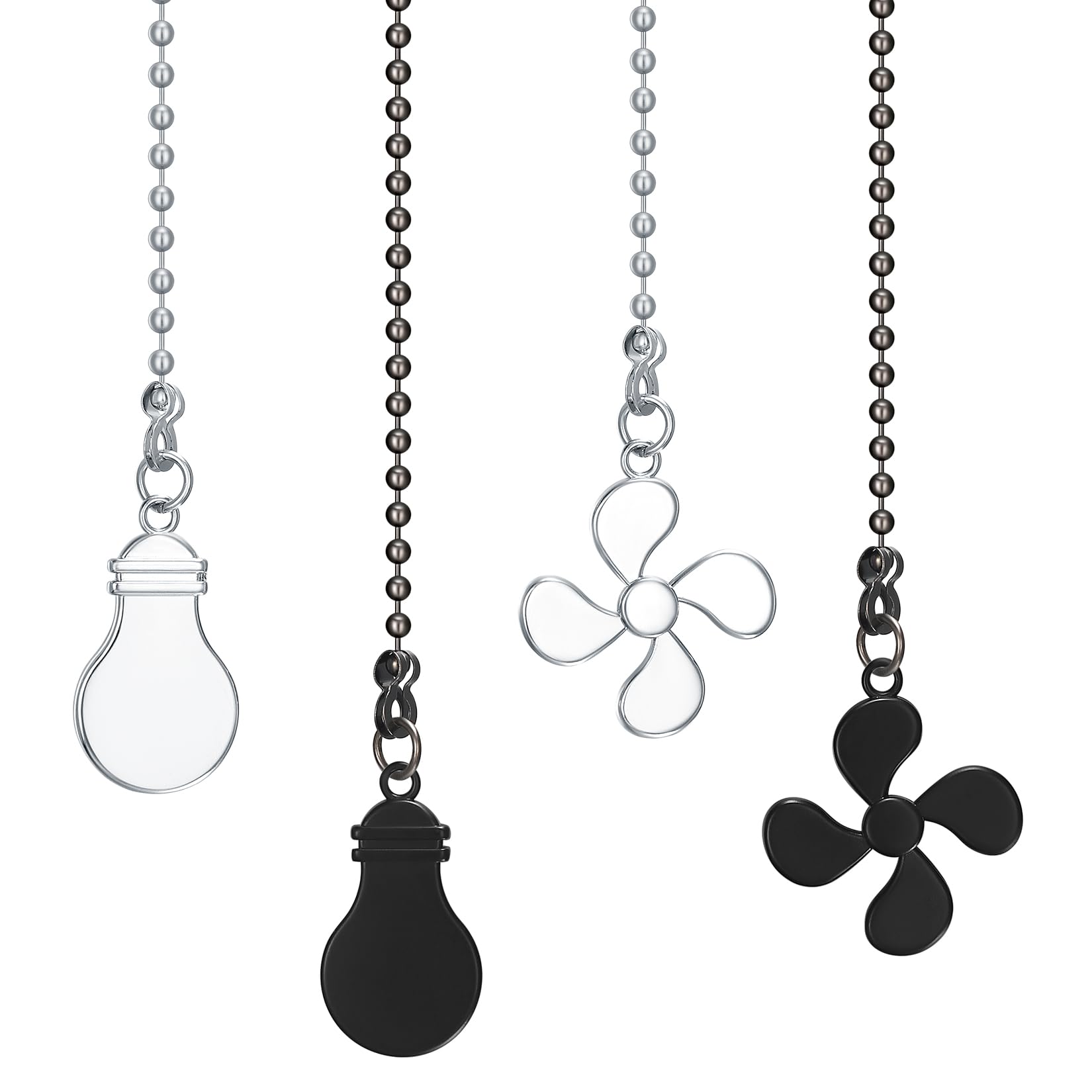 Ceiling Fan Pull Chain Extender, 4 Pcs Ceiling Fan and Light Pull Extension Chain, 12-inch Decorative Beaded Ball Fan Pull Chain Pendant with Pull Loop Connectors - Black and Silver