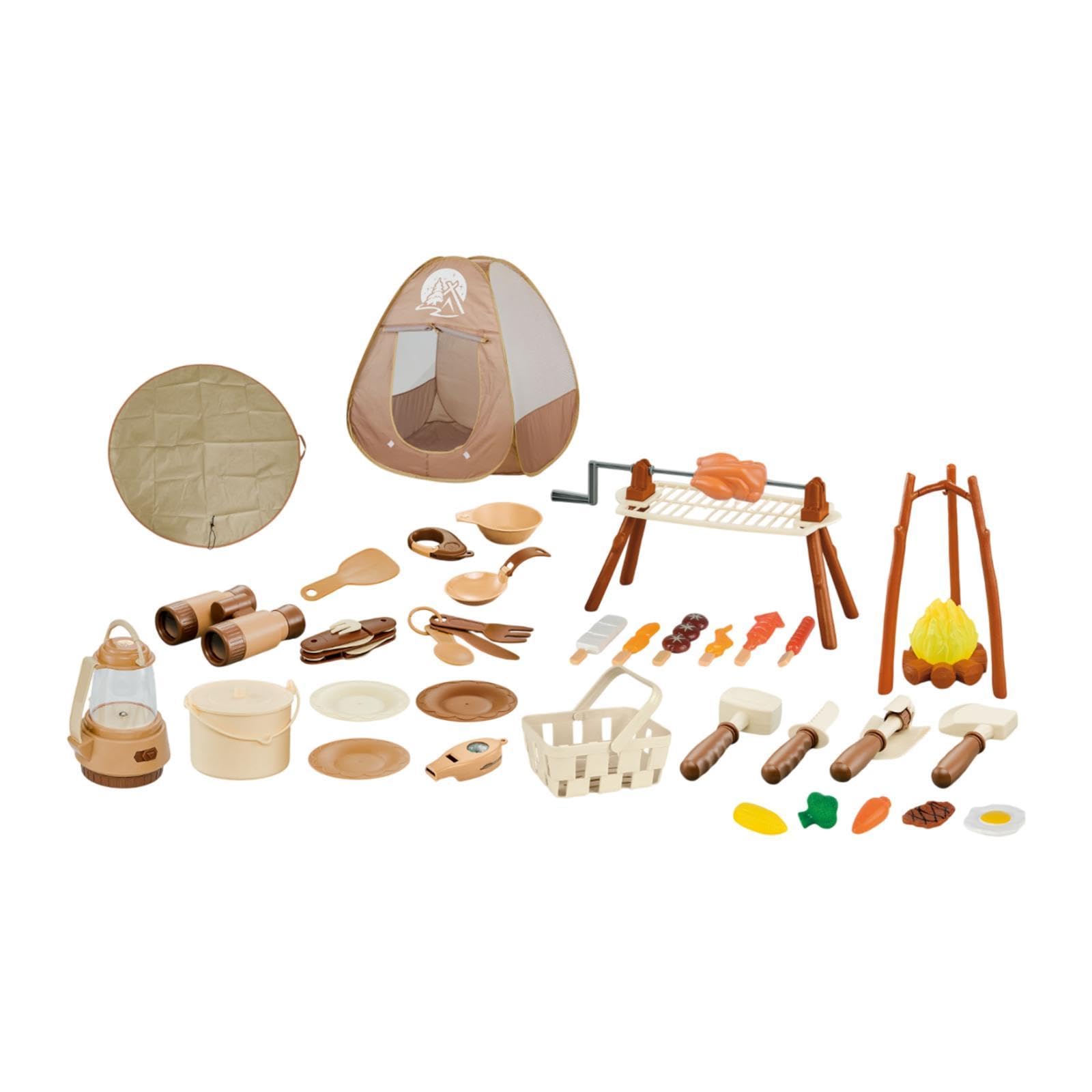 Almencla 35 Stück Kinder Camping Spielzeug Set mit Spielzelt Abenteuer Grill Lagerfeuer Kochutensilien Aus PP Material für Camping Indoor Outdoor Rollenspiel, 43 Stück