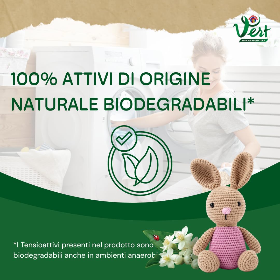 Vert - Ecodetergente Lavatrice Bebè - Fragranza Latte d'Avena, 100% Origine Naturale, Superefficace anche sulle Macchie del Bebé, Ipoallergenico, per Pelli Sensibili - Flacone da 1200 ml, 30 Lavaggi