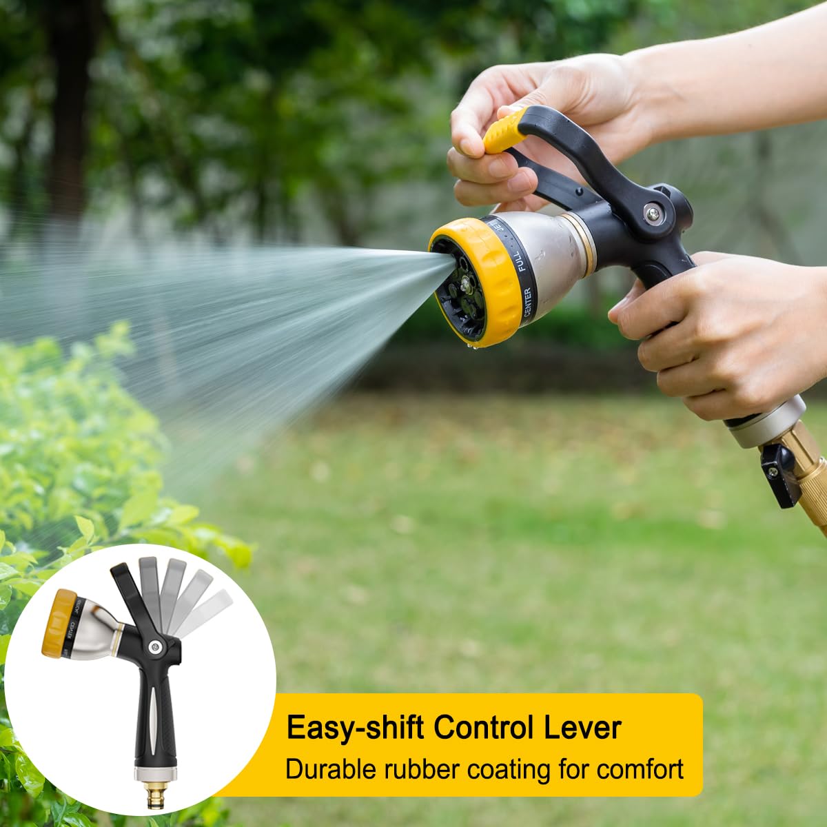FANHAO Pistolet arrosage style pompier du jardin 8 modèles réglables, metal pulvérisateur multifonctionnel avec débit d'eau contrôlable, lavage de voiture, nettoyage de cour-Jaune