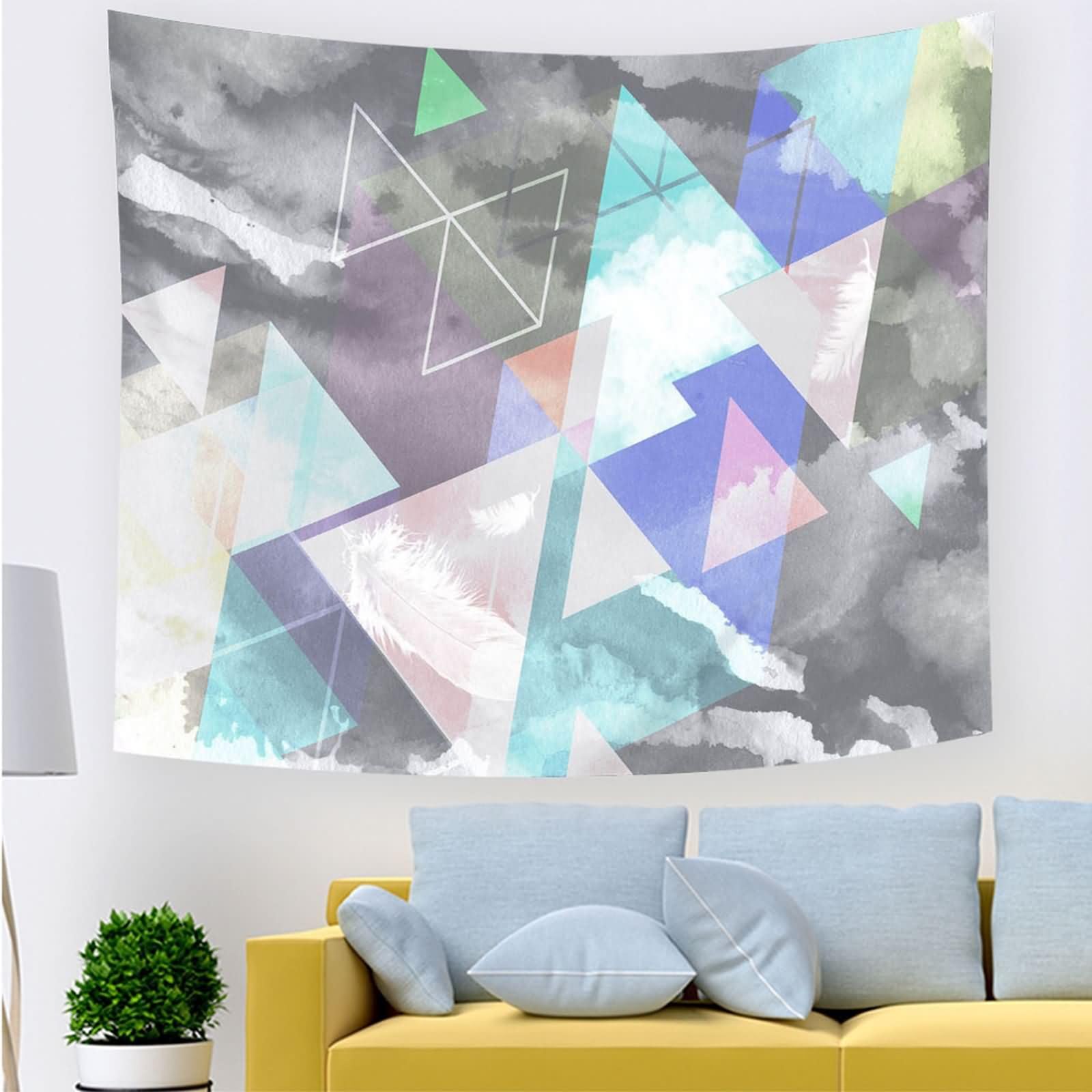Homxi Tapiz Pared Sofá 350 x 256 CM,Tapiz para Sofa Poliéster Patrón de Triángulo Geométrico Tapices Cama Gris Azul