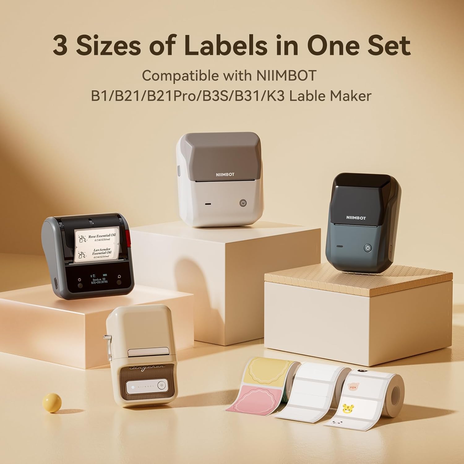 3 rotoli di etichette nome per etichettatrice NIIMBOT B1, B21, B31 e B21 Pro (34 x 34 mm, 40 x 20 mm e 40 x 15 mm), etichette termiche personalizzabili per casa, scuola e ufficio
