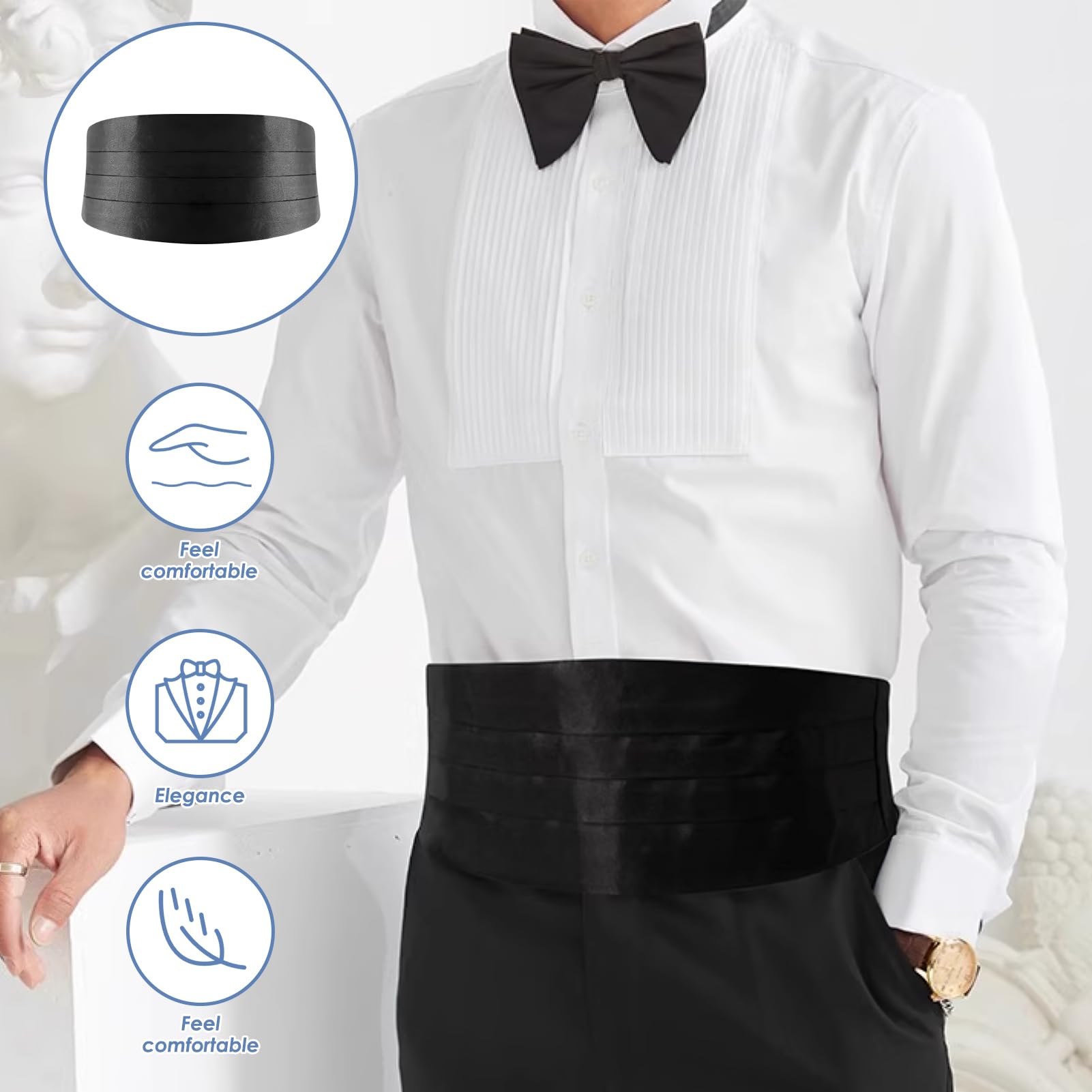 Schwarzer Kummerbund für Herren, Anzugbund, seideähnlicher Kummerbund, Herren, Smoking, Kumberband, vorgebunden, verstellbar, für Antrag, Hochzeit, Bankett, Arbeit, Business, Party, Kleid,