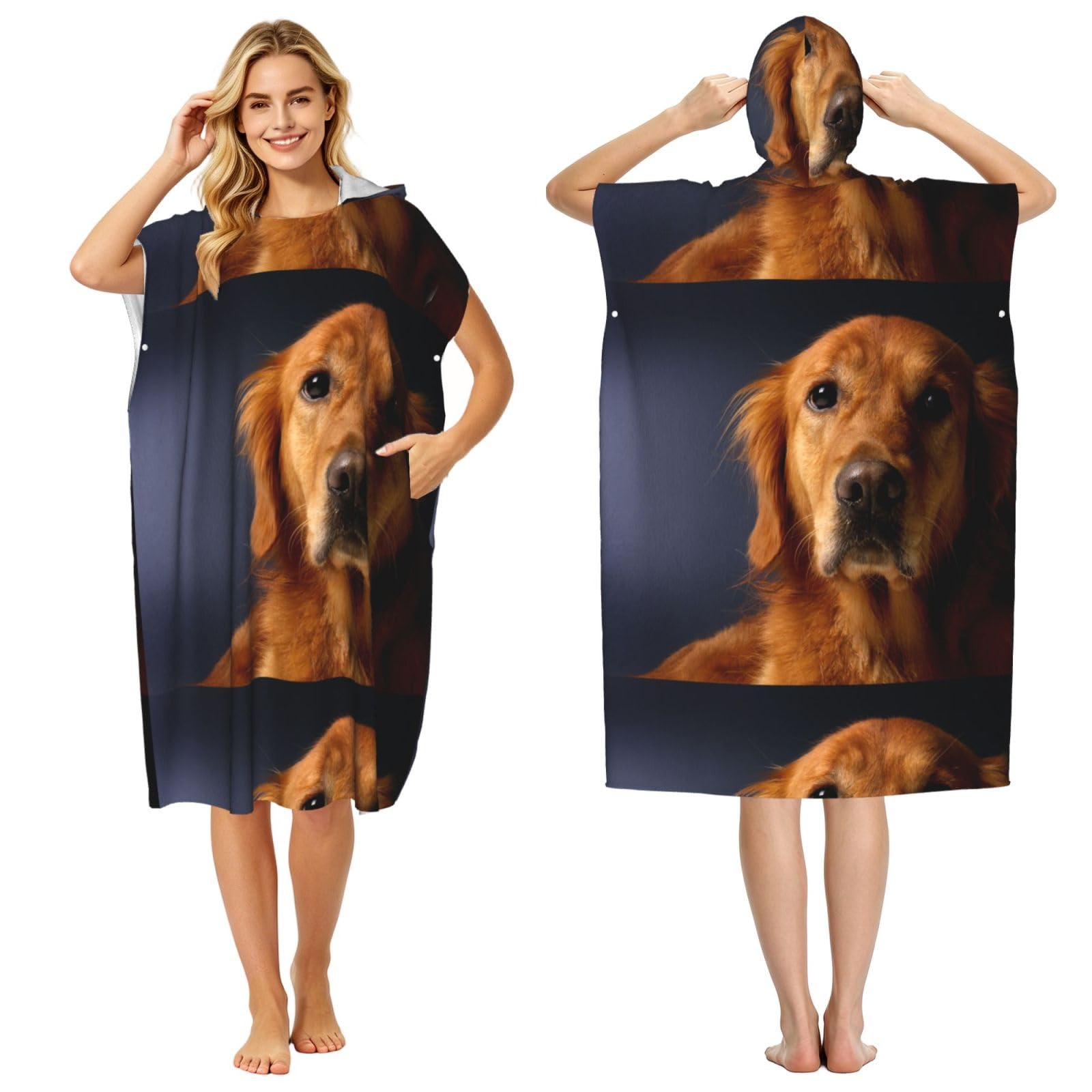 Poadnly Golden Retriever, Adult Hooded Beach Towel 90 x 110 cm,Changing Bath Robe, Surf Poncho Towel For Women Men