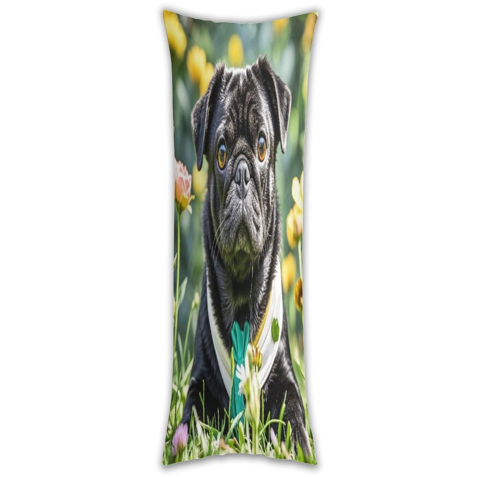 Cute Black Pug Dog Pillow Cases Breathable Vertical Long Pillowcase Body Pillowcase with Hidden Zipper Closure Soft and Cozy Pillow Cover 20x54 Inches for Bedroom Couch