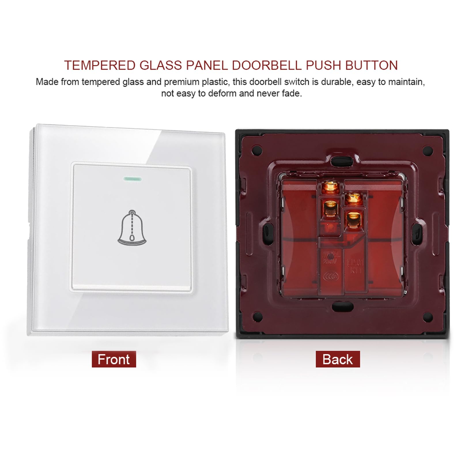 Interrupteur de Sonnette, 8,6×8,6cm Bouton Sonnette Exterieur en Verre Trempé avec Vis, 16A 220~250V Exterieur Etanche Bouton de Pression Encastré pour Maison, Hôtel (Blanc)