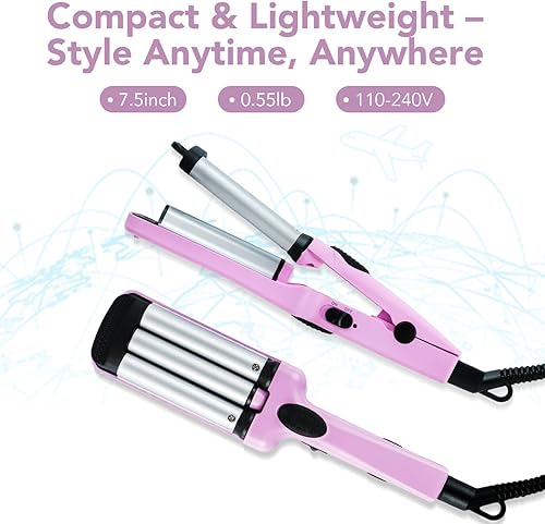 Miniatura 3 de Mini rizador de pelo, rizador de 3 barriles de 12 pulgada con doble voltaje, rizador de playa de viaje para cabello corto a mediano, morado