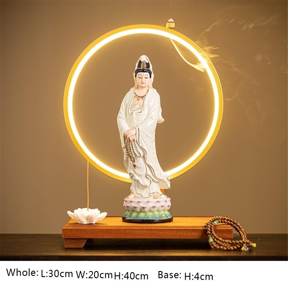 Statue de Bouddha Chinois Statue de Bouddha en céramique Jaune à Bords dorés, décoration de Bureau, Salon, Zen, Feng Shui, avec Base et Anneau Lumineux Bouddha Feng Shui