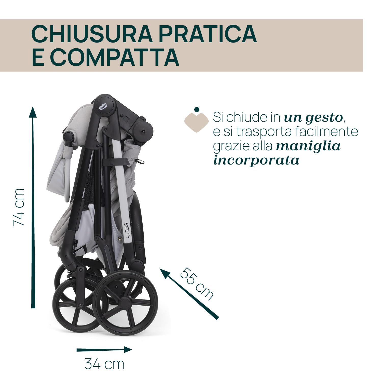 Chicco Passeggino Seety, Passeggino Leggero e Compatto Da 0 Mesi a 4 Anni, Portata Max 22kg, Passeggino Pieghevole, Schienale Reclinable, Chiusura Automatica in 1 Gesto, Capotte Parasole e Parapioggia