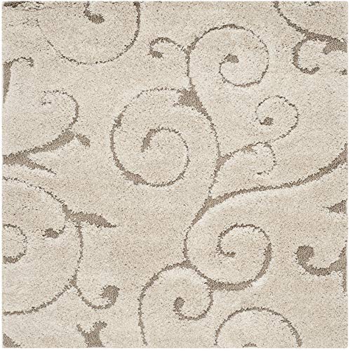 Safavieh Florida Shag Collection 4' Square Cream/Beige Sg455 Scrolling Vine Graceful Swirl Textured Non-Shedding Living Room Bedroom Dining Room Entryway Plush 1.2-Inch Thick Area Rug #TOP2