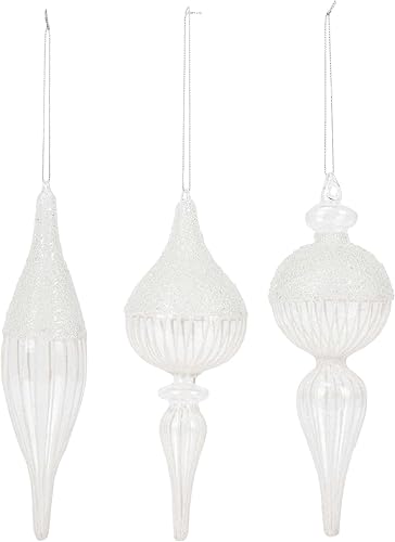 DEMDACO Juego de 3 adornos navideños de cristal soplado de 8.5 x 3.5 pulgadas, acabado blanco plateado con purpurina
