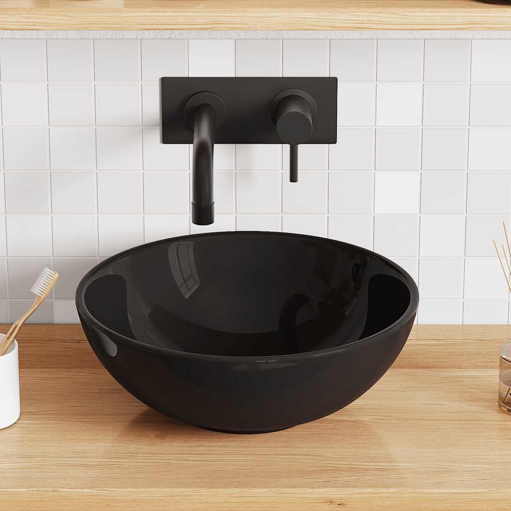 Lavabo nero lucido, diametro 28 x 10 cm, in ceramica, per bagno e cucina, moderno, con sifone di scarico e tappo per WC degli ospiti e lavandino