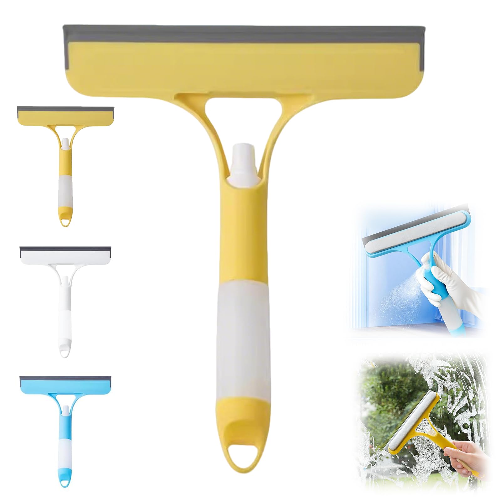 Tasber Yellow 3 In 1 Window Cleaning Scraper, Window Squeegee With Spray, Window Scraper Glass Cleaning Wiper, Squeegee Cleaner With Spray Bottle For Car, Home Kitchen (Yellow)