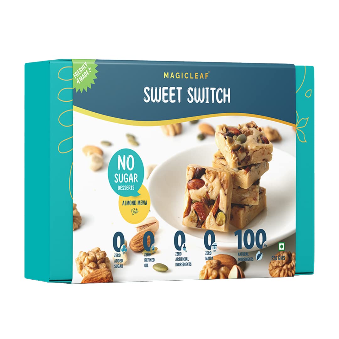 Magic Leaf Sugar Free Almond Mewa Bite Dessert - 250 gm | Freshly Made Mithai With Almond Flour, Roasted Nuts, Stevia, Milk Solids, Desi Ghee & Sweetened with Stevia, No Refined Oil