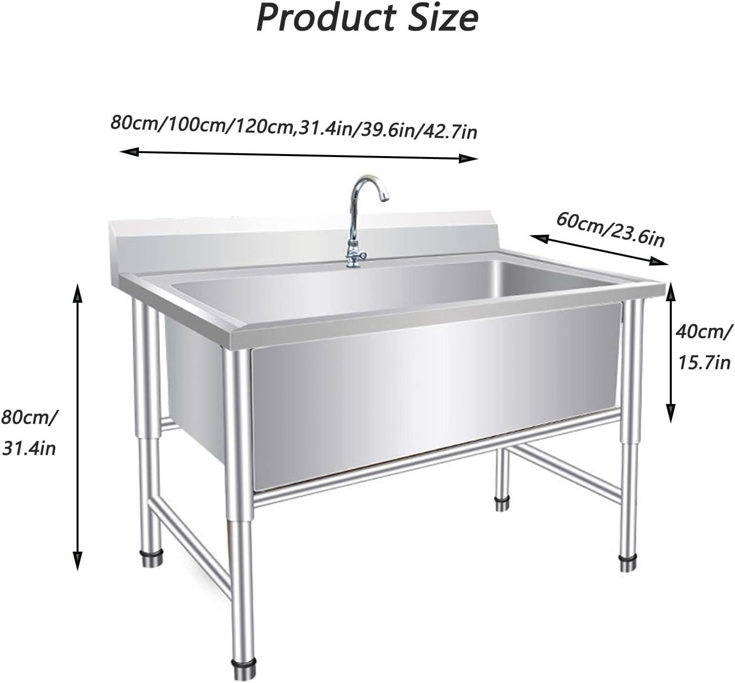 Lavandino autoportante in acciaio inox con rubinetto per garage, Autoportante Lavandino Multiuso Lavamani Industriale Ristorante Commerciale Garage Cucina Lavanderia Esterni Industriale (100*60*80)