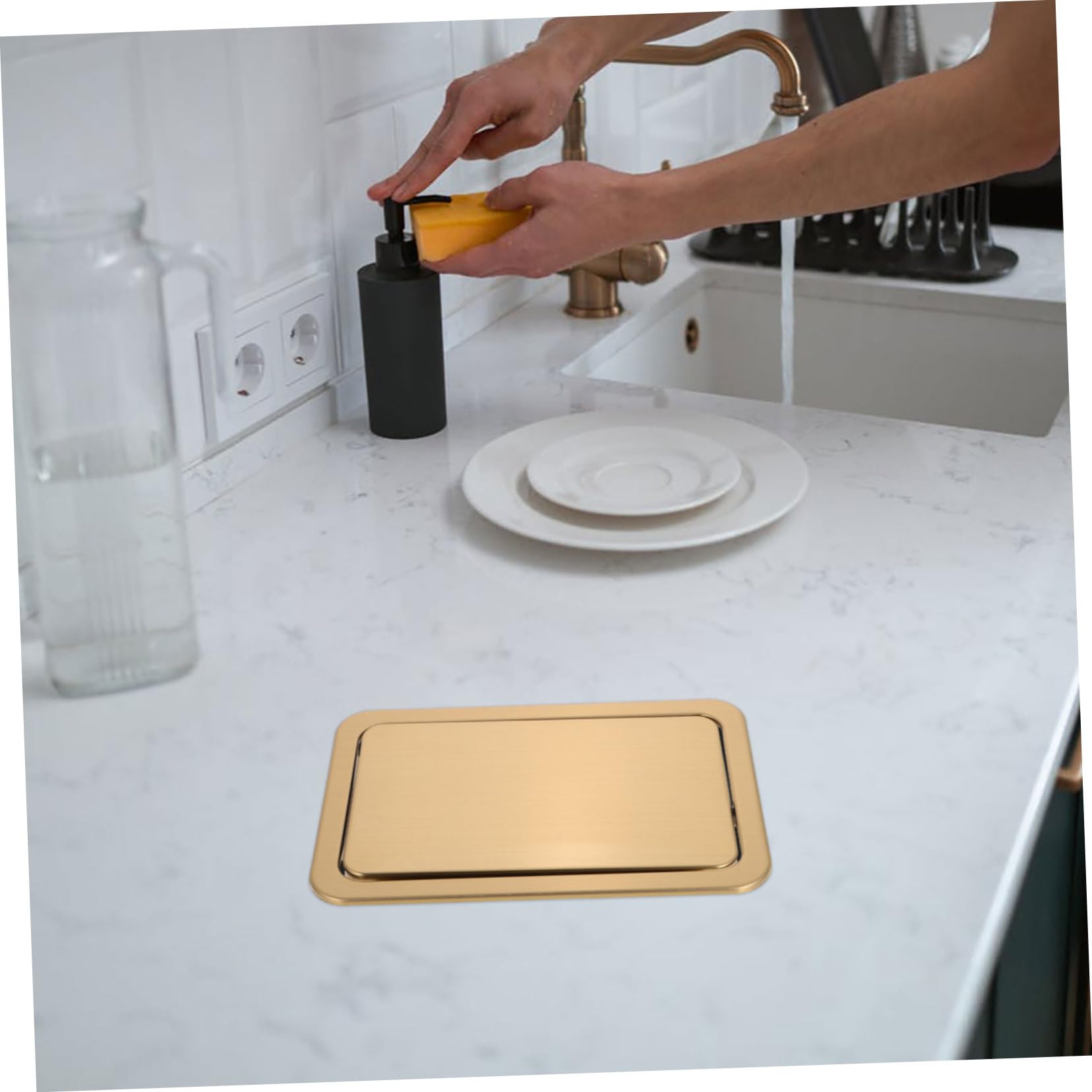 PRETYZOOM Tapa Empotrada de Acero Inoxidable Dorado para Cubre Fregadero Acero, Tapa Abatible para Cubo de Basura Cocina Diseño Ahorrador de Espacio y Fácil Limpieza