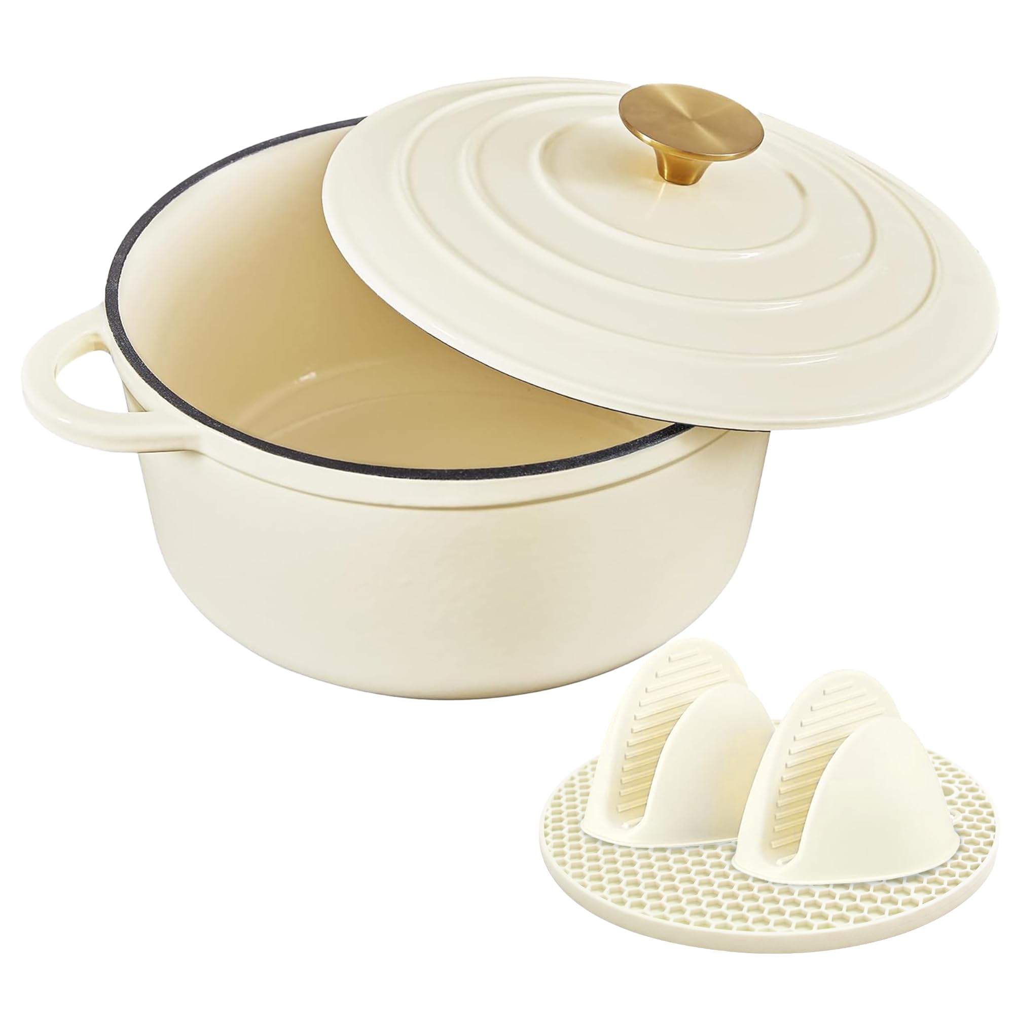 Nilpferd Gusseisen Topf Schmortopf 24cm Emaille Bräter mit Deckel Topflappen, Kasserollen Bratentopf brot backen für Schmoren Braten Incl.1 Paar Silikon Ofenhandschuhe&Topfuntersetzer (Cremeweiß, 4L)