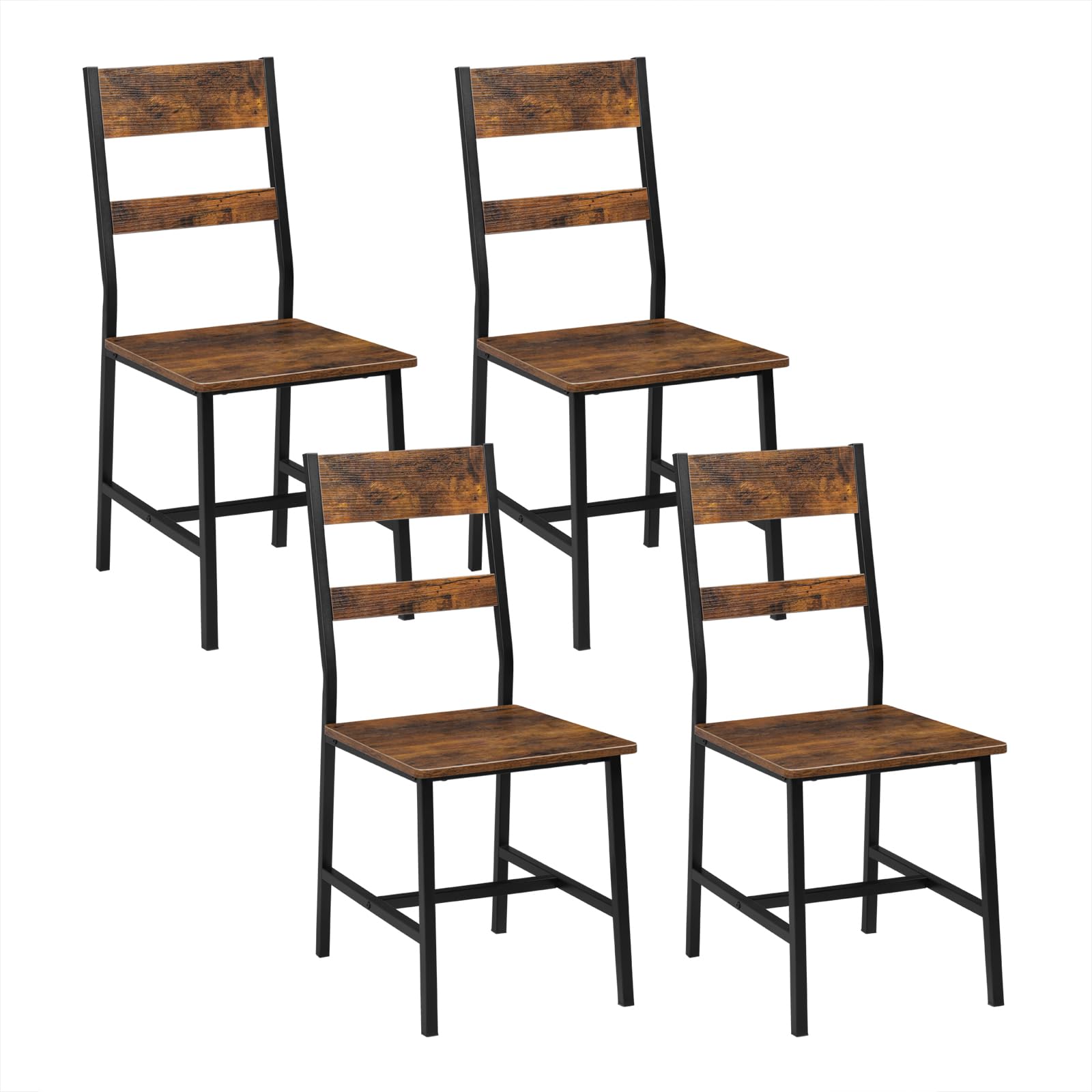 Juego de 4 Sillas de Comedor, Marrón Rústico | Estructura Metálica y Madera, Ergonómicas para Salón, Cocina, Balcón, Estilo Industrial