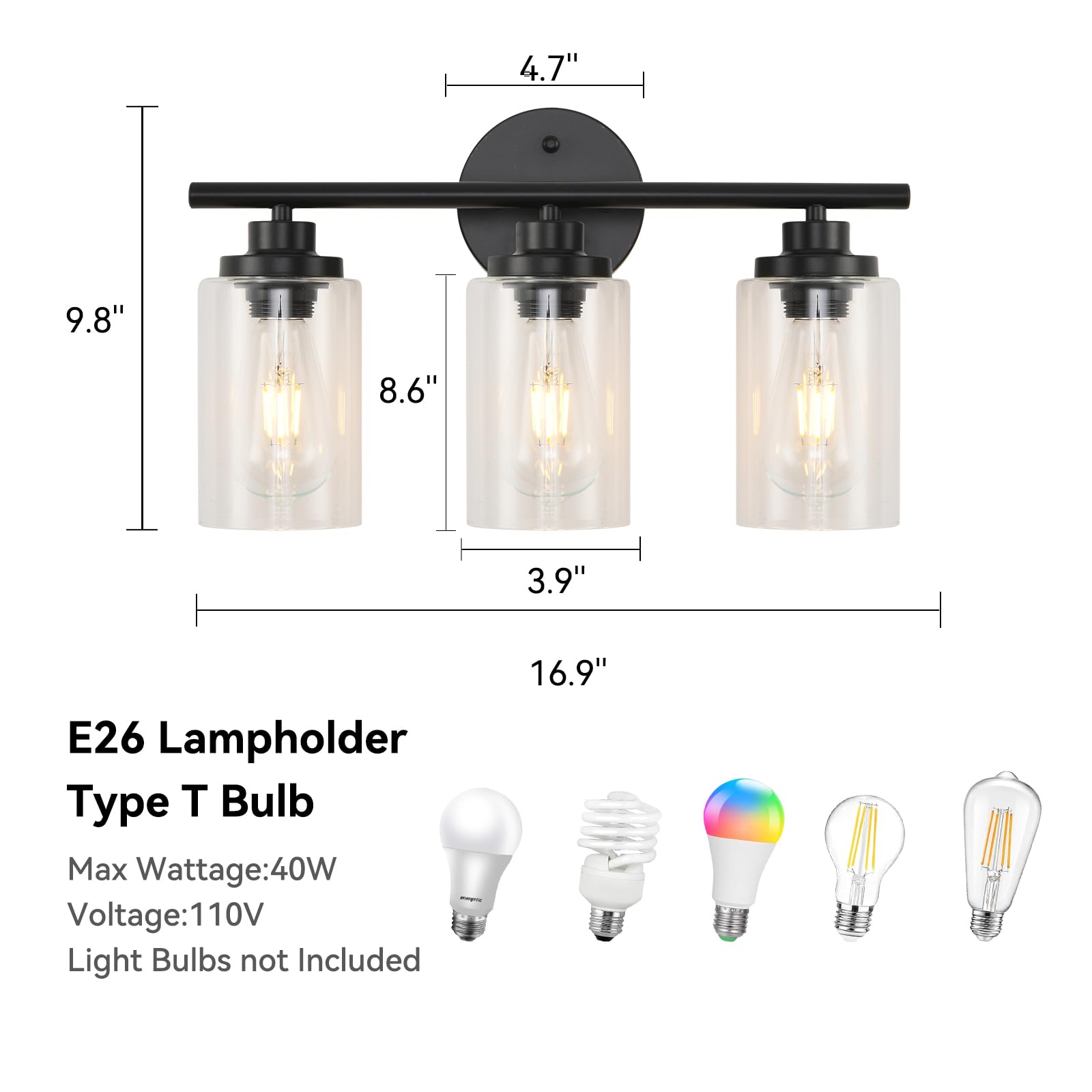 Blinghy 3-Light Bathroom Light Fixtures, Black Modern Vanity Light with Clear Glass Shade, Bathroom Lighting Fixtures Over Mirror, Bathroom Wall Sconce Lights for Mirror Living Room Bedroom Hallway