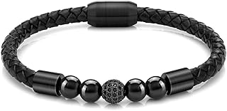 Sunligoo Mens Womens Natural Gemstone Reiki Healing Stone Beads Bracelet Genuine Leather Beaded Bracelet with Magnetic Clasp - Black Agate