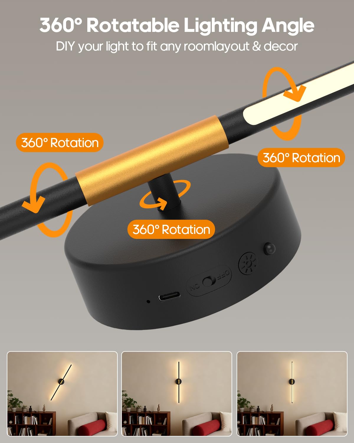 GOODEA 72cm Aufladbare LED Wandleuchte Akku ohne Strom ohne Bohren 2er-Set | 350° drehbare Kabellose Wandlampe Innen mit Fernbedienung & Timer, dimmbares Warmweiß für Schlafzimmer, Wohnzimmer, Esszimmer