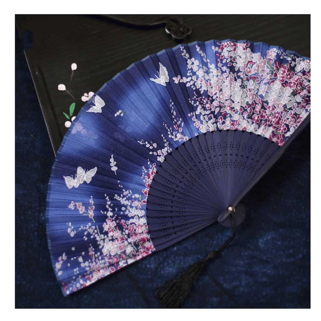 Abanicos plegables decorativos Abanicos de mano con estampado floral Abanico plegable de seda vintage Abanicos plegables de mano Elegante Retro Mujeres Ladys Niñas Regalos Azul oscuro Regalo Abanico d