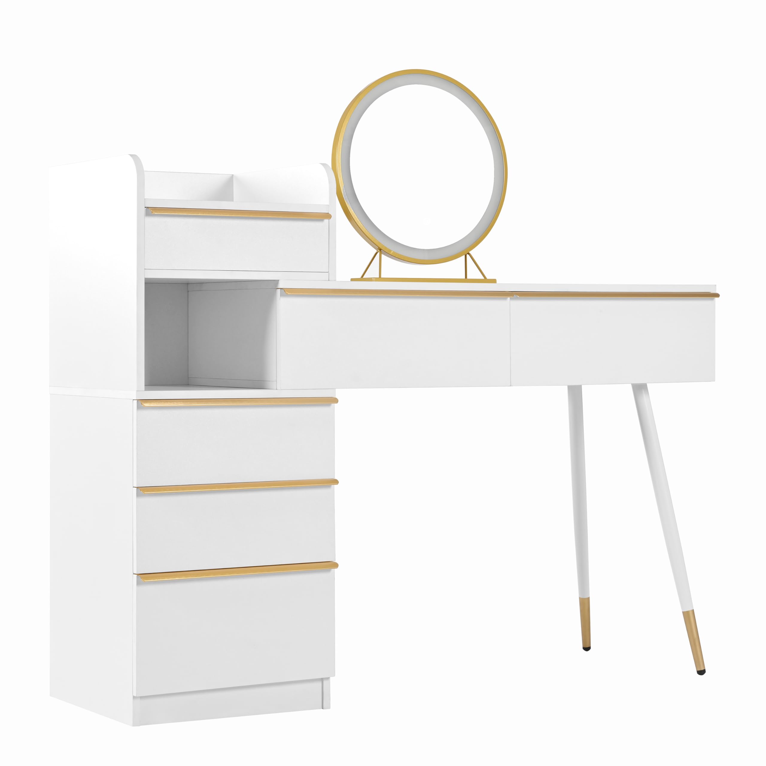 Tavolo da toeletta con ripiano estraibile, 6 cassetti e maniglie dorate, specchio a LED con luce dimmerabile, sgabello non incluso, bianco, 102 x 100 x 41,5 cm