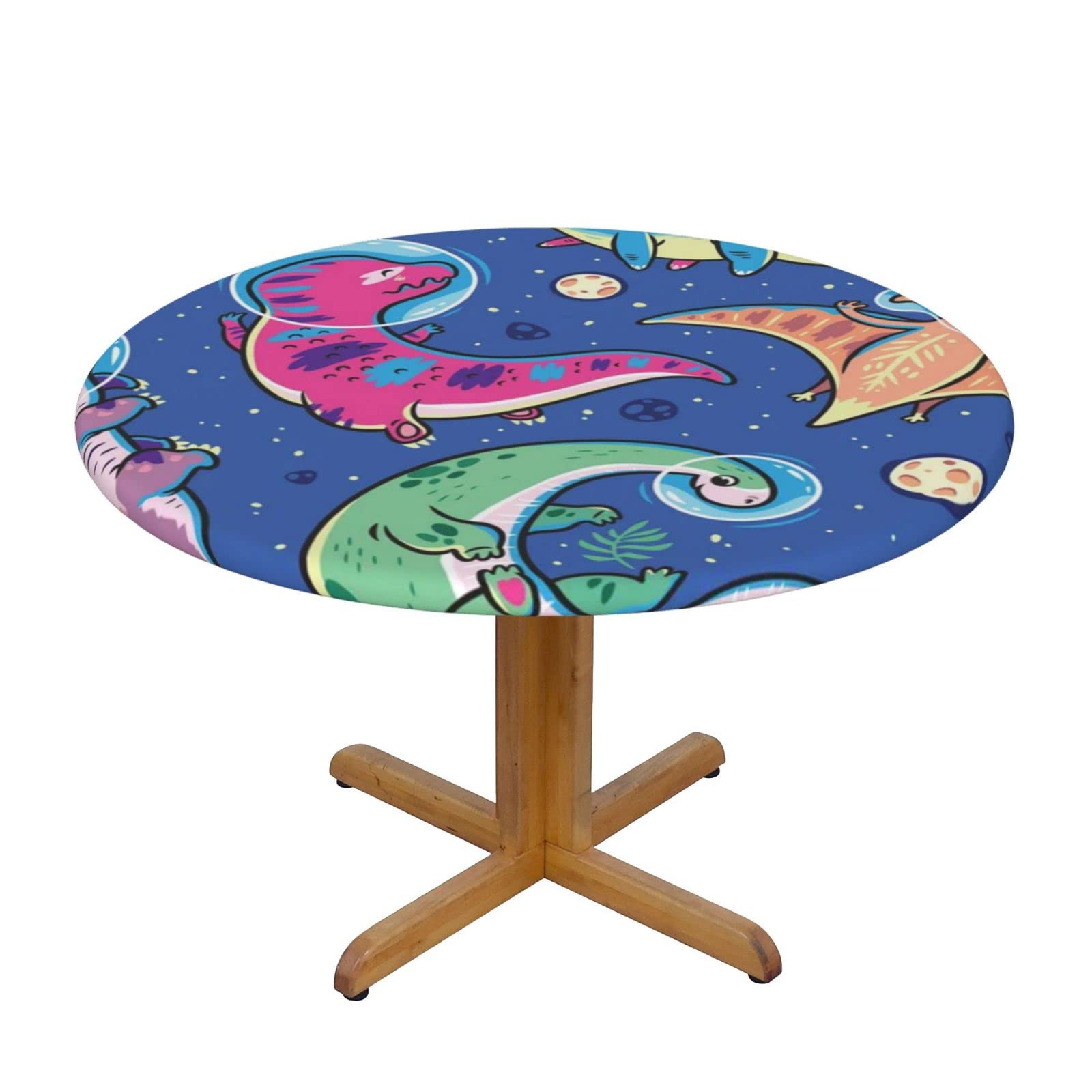 Lsjuee Round Fitted Tablecloth 45-50in Elastic Edged Table Cloth for Kitchen Dining Party Home Decor - Funny Cartoon Cute Dinosaur Blue