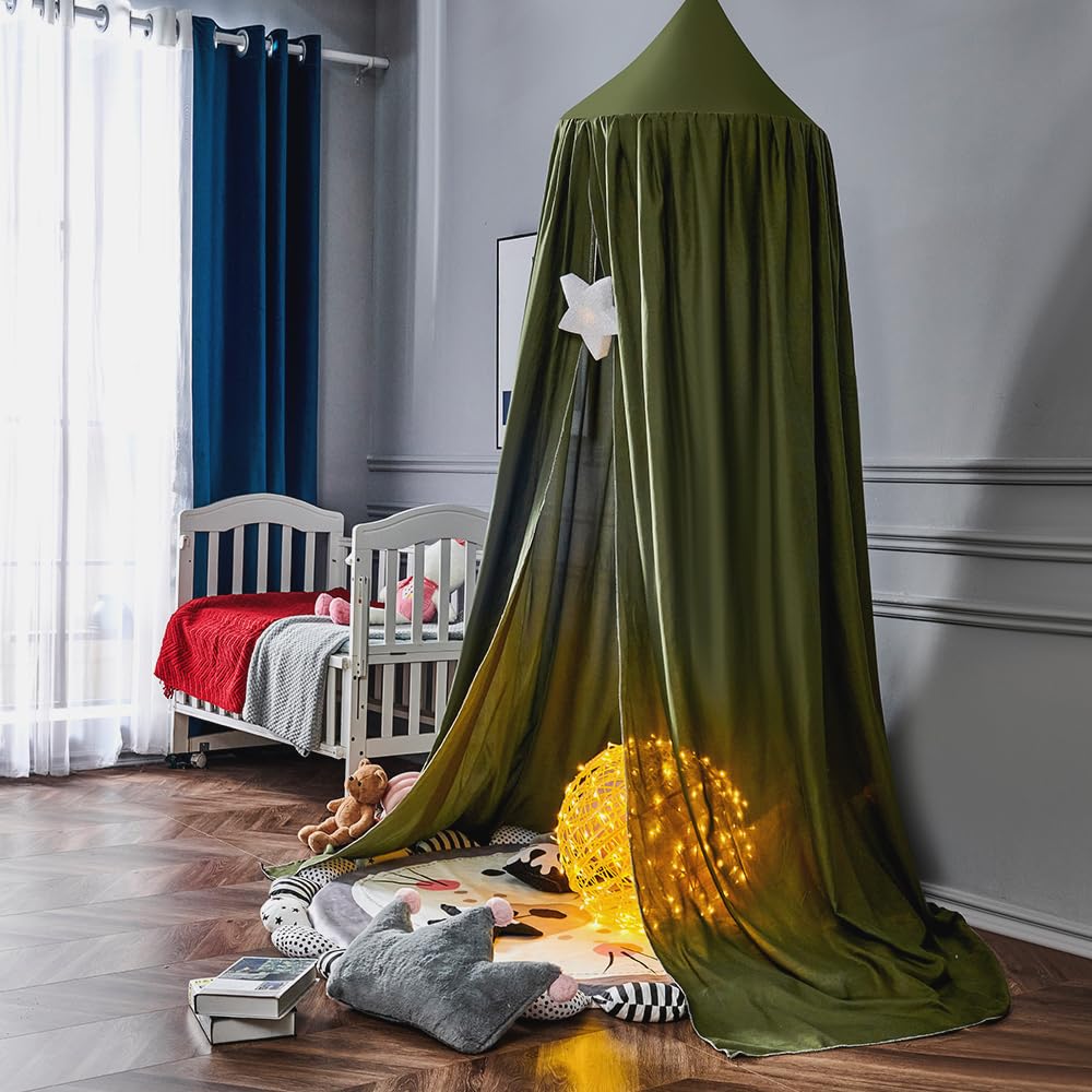 Surwin Bed Canopy for Children Dark Green Kids Round Dome Bed Canopy Mosquito Net Protection Canopy Bedroom Nursery Decoration Hanging Curtain Net Reading Corner Princess Play Tent for Baby Girls - Image 4