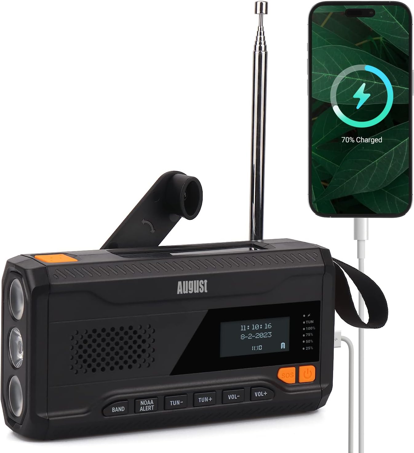 Emergency Hand Crank Radio – August MB291B – NOAA Moveable Climate Radio & AM/FM Moveable Energy Financial institution 4500mAh with Photo voltaic Charging, Hand Crank & USB-C Charging – SOS Alarm, LED Flashlight & Studying Lamp
