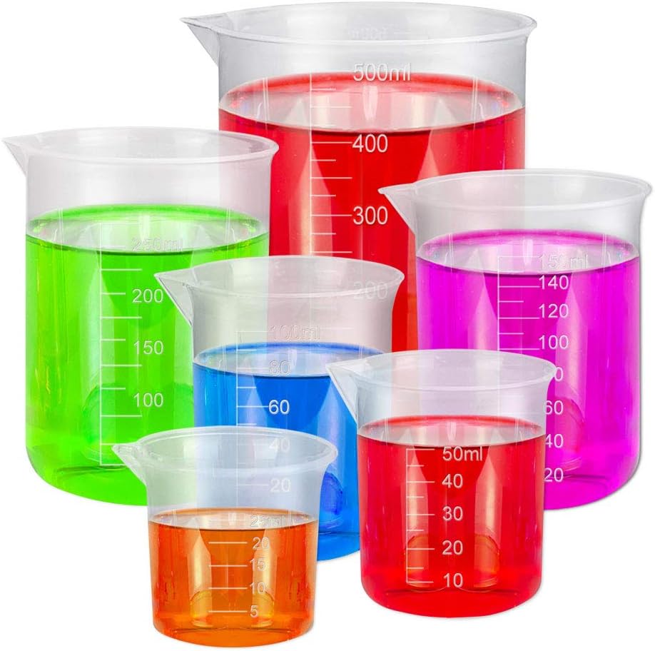 BUZIFU 6 Pack Measuring Jugs 25ml 50ml 100 ml 150ml 300ml 500ml Heat Resistant Measuring Cups Labs Graduated Beakers Food-Safe Plastic Jug Beakers Mixing Cups Liquid Baking Cooking Measure Tool