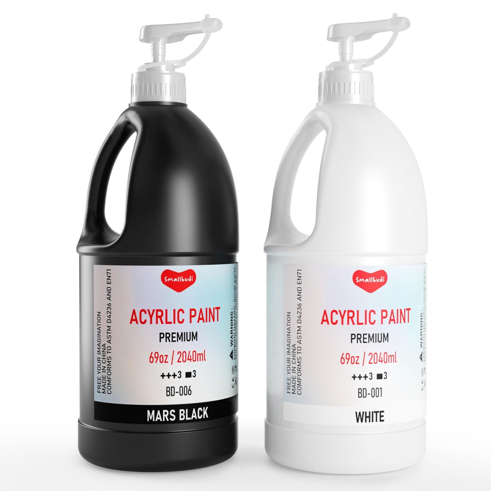 Smallbudi 2 Pack White & Black Large Acrylic Paint Set (69 oz, 2040 ml), Art Painting Bulk Supplies for Multi Surface Canvas Wood Leather Fabric Rock