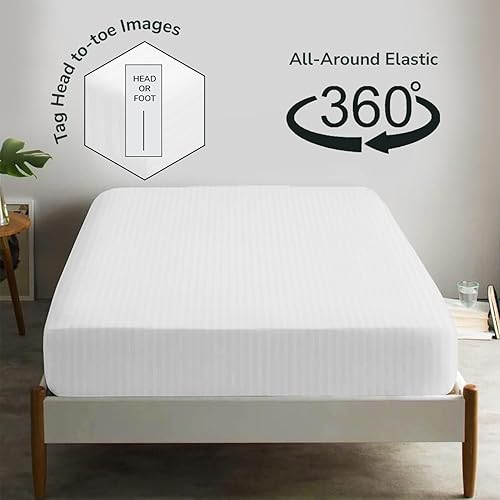 Miniatura 4 de Feather & Stitch - Sábana bajera ajustable de 100 % algodón, tejido satinado de damasco, transpirable a rayas, sábana elástica para colchón de 18