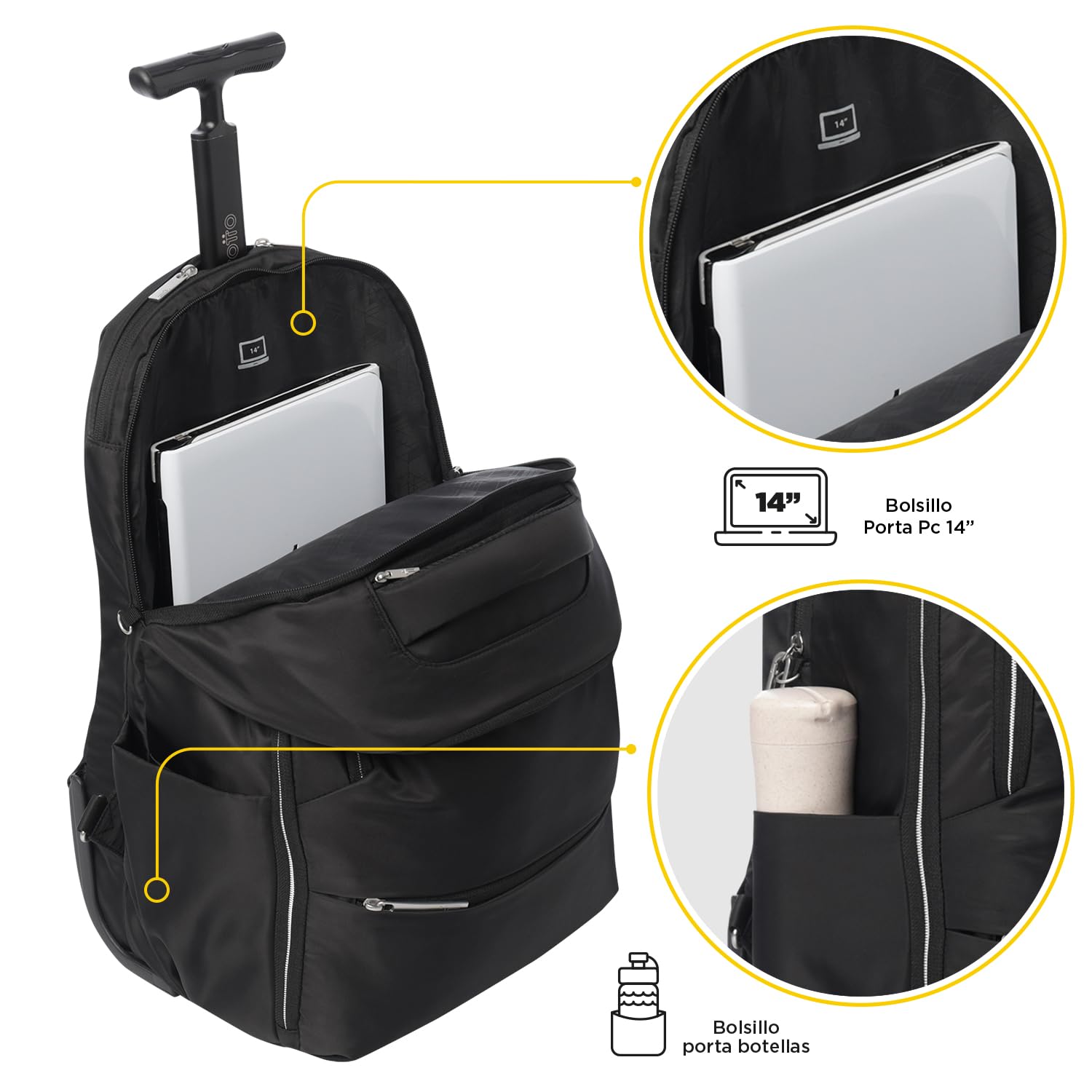 TOTTO - Mochila de Viaje con Ruedas, Modelo Trolley, Capacidad 22 L, Compartimento Pc 15”, Bolsillo para Botella, Bolsillo Interno Cremallera, Manija Telescópica, Pasador para Maleta, Color Negro