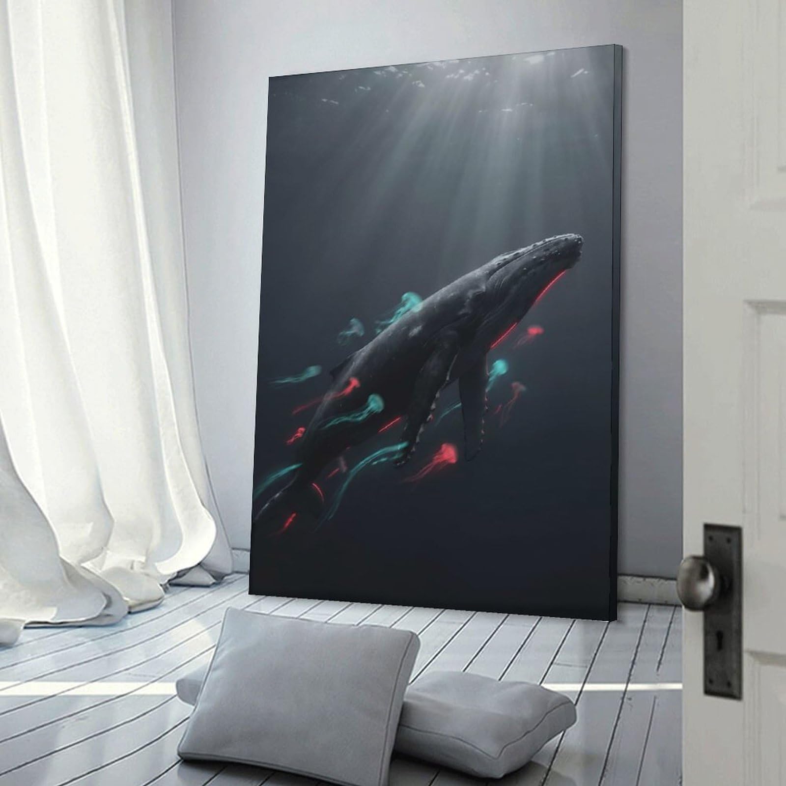 Junmoney Whale with Glowing Jellyfish Home Decor Wall Art 16x24inch(40x60cm), for Office, Study Or Home Workspace, Home Office Artwork with Decorative Appeal