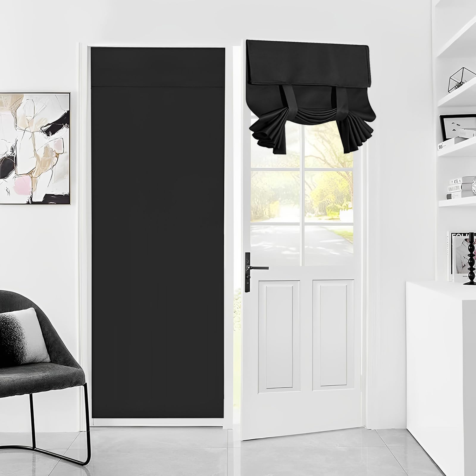 Roller Blinds No Drilling, French Door Curtain Window Blinds Privacy Protect, Blackout Roller Blind UV Protection Tie Up Shades Door Curtain for Window Patio Door, 26x68 Inch Black