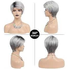 SEVENCOLORS Short Grey Wigs Ombre Gray Pixie Cut Wig with Dark Root Synthetic Natural Hair Short Silver Wigs for Black Women White Women
