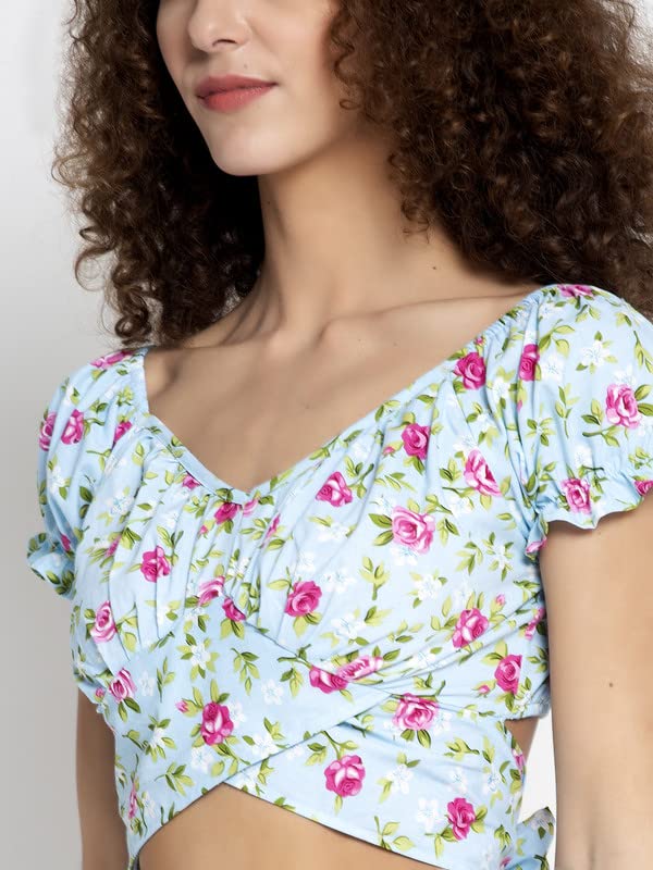 Image of ELEVANTO Women's Ruffle Stylish Short Sleeve Tie Up Back Crop Top Off Shoulder Bardot Blouse /Tops for Summer